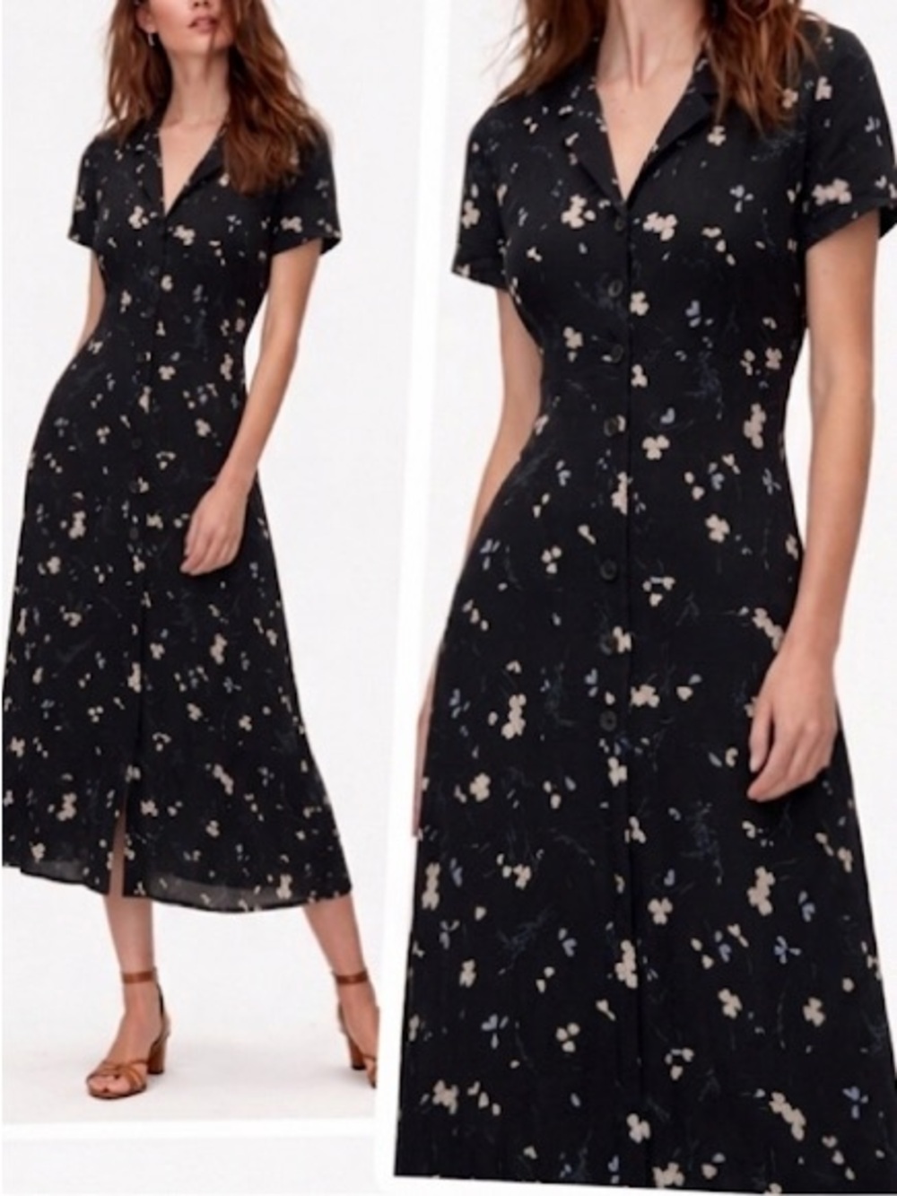 Wilfred Button Down Midi Dress Size Medium Black Floral Pockets Removable Belt